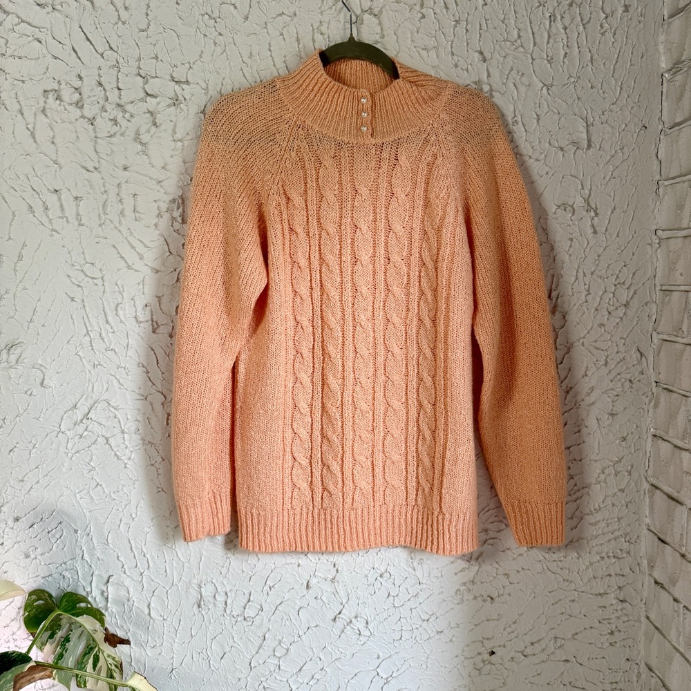 Elegant Peach Cable Knit Turtleneck Sweater